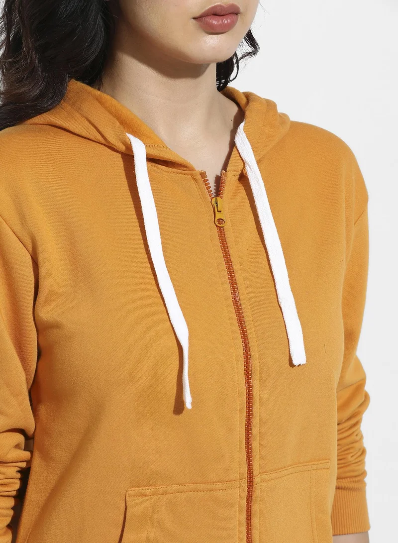 Campus Sutra Zip-Front Hoodie With Contrast Drawstring