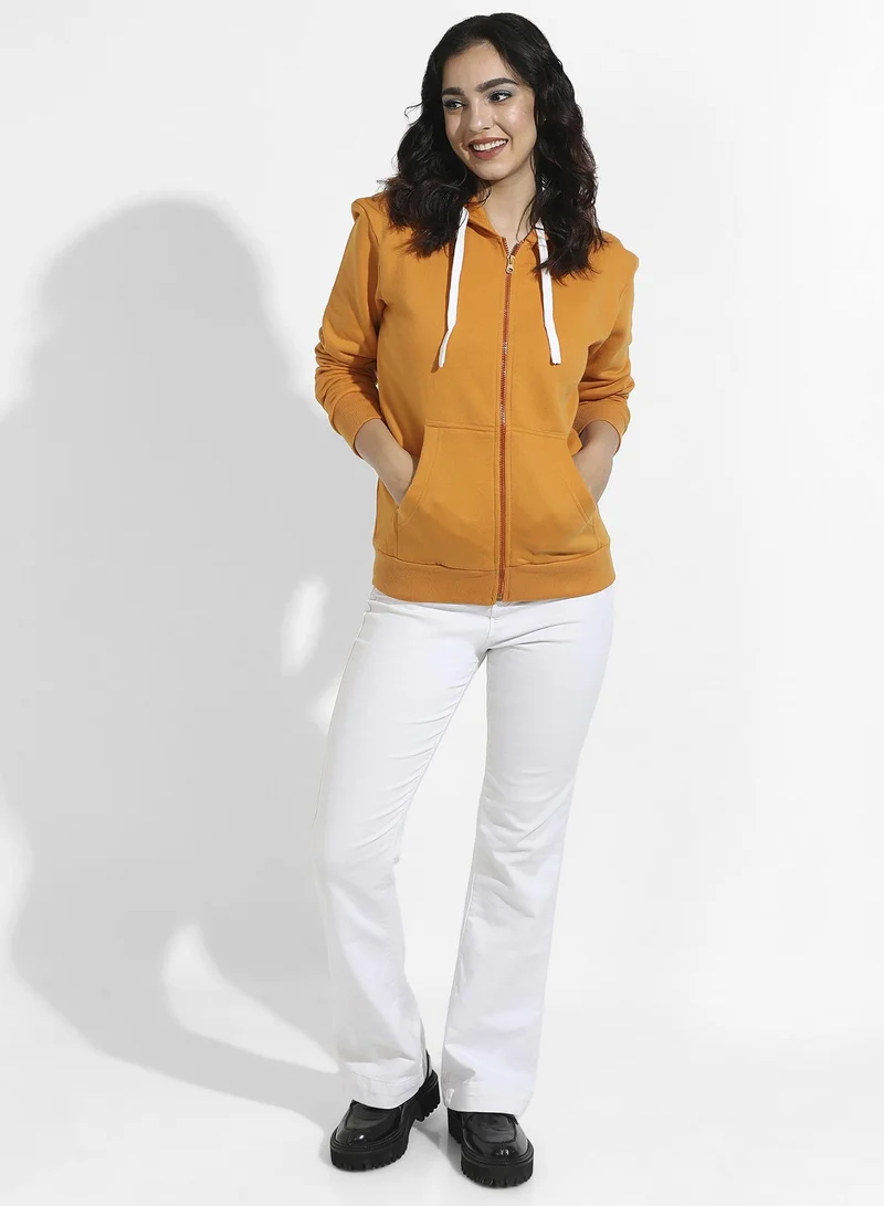 Campus Sutra Zip-Front Hoodie With Contrast Drawstring