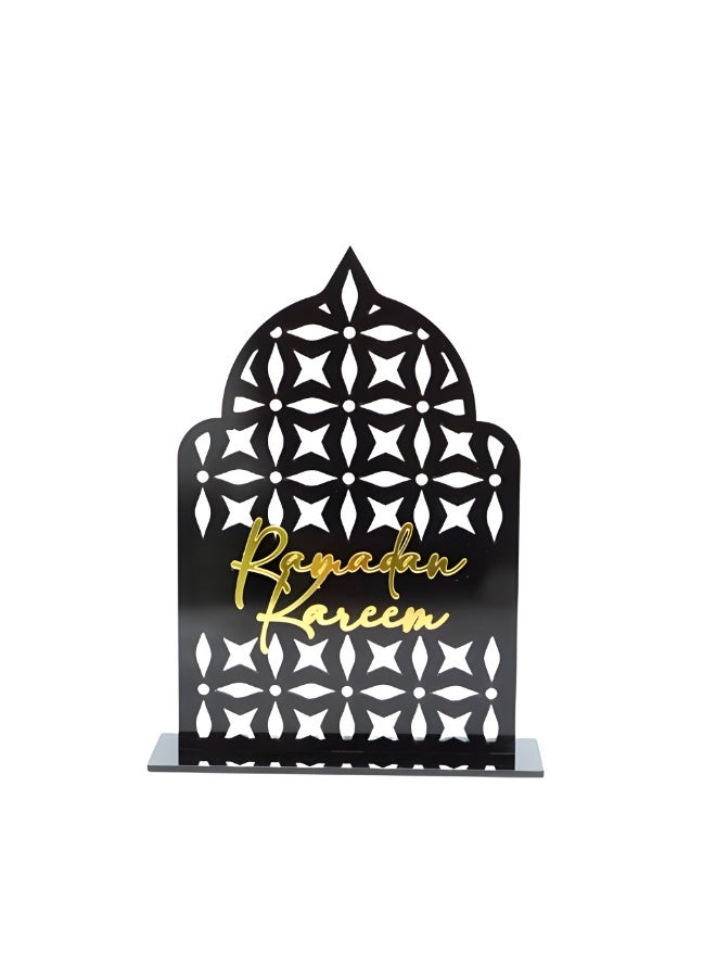حامل طاولة أكريليك بتصميم قوس إسلامي باللونين الأسود والذهبي، مناسب لرمضان كريم، زينة عيد رمضان. - Image 1