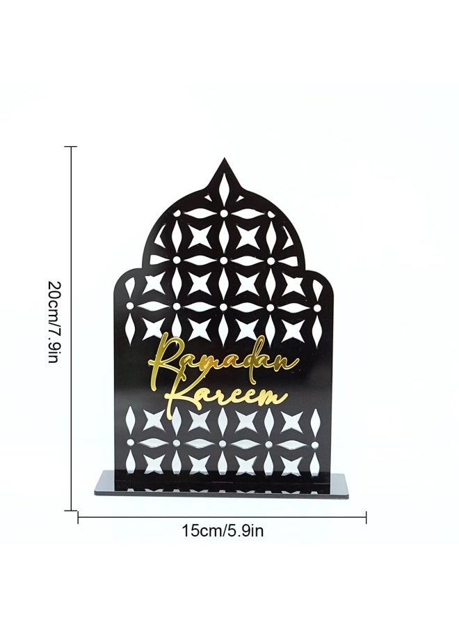 حامل طاولة أكريليك بتصميم قوس إسلامي باللونين الأسود والذهبي، مناسب لرمضان كريم، زينة عيد رمضان. - Image 2
