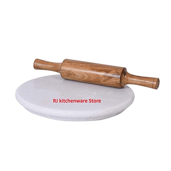 VOMI White marble white marble chakla 10 IN Wooden belan 12 INCH roti maker wooden chakla 10 inch big size roti maker for kitchen 10 inch Chapati/roti/papad/fulka/bread make (White Marble Chakla Belan Combo) - Image 2