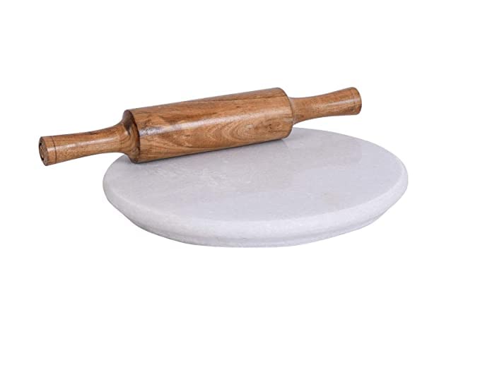 VOMI White marble white marble chakla 10 IN Wooden belan 12 INCH roti maker wooden chakla 10 inch big size roti maker for kitchen 10 inch Chapati/roti/papad/fulka/bread make (White Marble Chakla Belan Combo) - Image 5