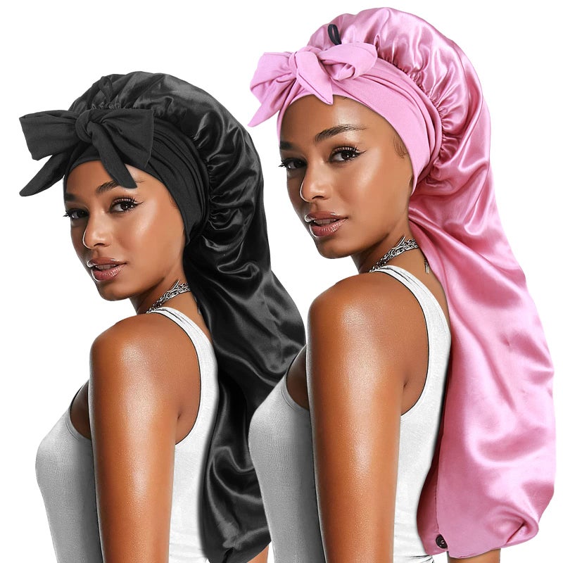 Heniho 2pcs Long Satin Bonnets with Tie Band, Large Braid Bonnet Silky Hair Cap for Locs Women Sleeping, A - Image 1