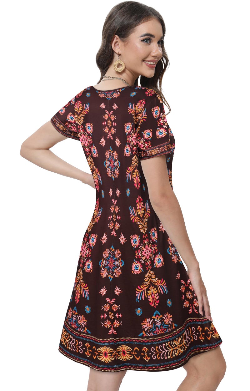 elescat Summer Dresses for Women Casual Short Sleeve Loose Beach Cover Up Scoop Neck Floral Sundress with Pockets(Brown Boho, L) - Image 5