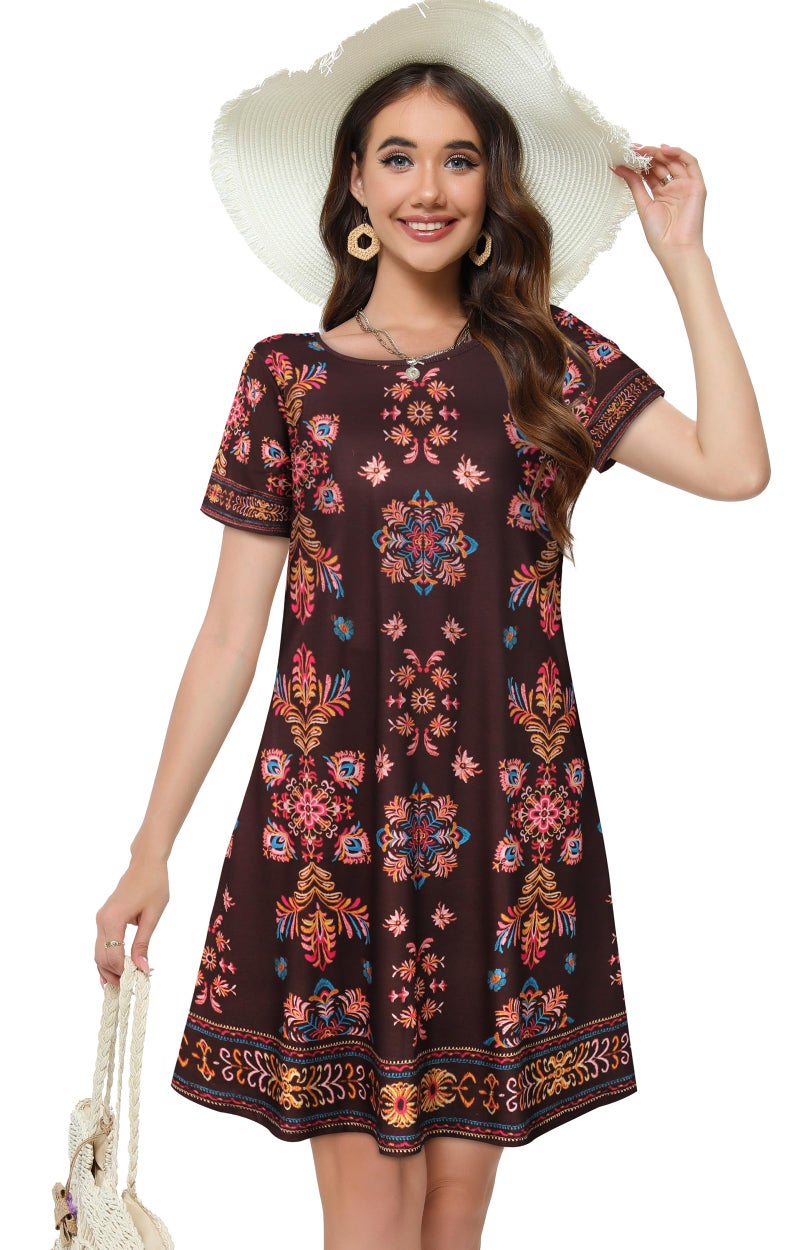elescat Summer Dresses for Women Casual Short Sleeve Loose Beach Cover Up Scoop Neck Floral Sundress with Pockets(Brown Boho, L) - Image 3