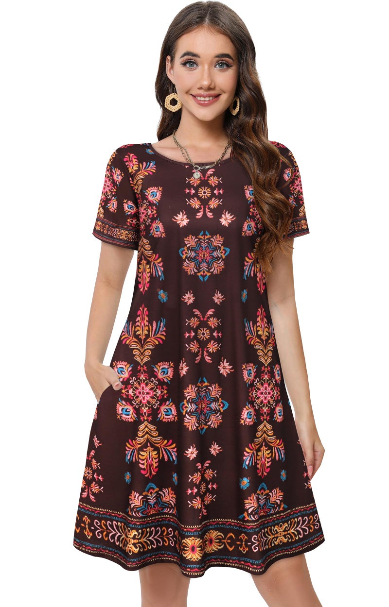 elescat Summer Dresses for Women Casual Short Sleeve Loose Beach Cover Up Scoop Neck Floral Sundress with Pockets(Brown Boho, L) - Image 4