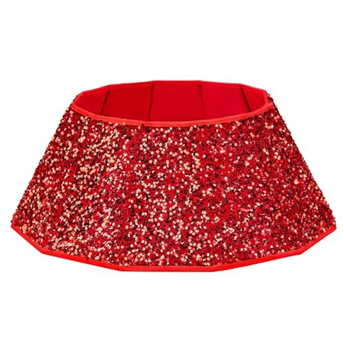 CHRISTMAS TREE COLLAR SEQUIN CHRISTMAS TREE SKIRT FOLDABLE TREE RING XMAS TREE STAND BASE COVER FOR CHRISTMAS TREE DECORATION ROUND RED