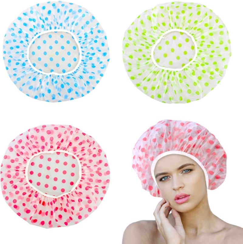Plastic Shower Caps Waterproof Elastic Band Bath Hair Hat-Reusable Shower Hats Caps for Women 3 Pieces 3 Colors