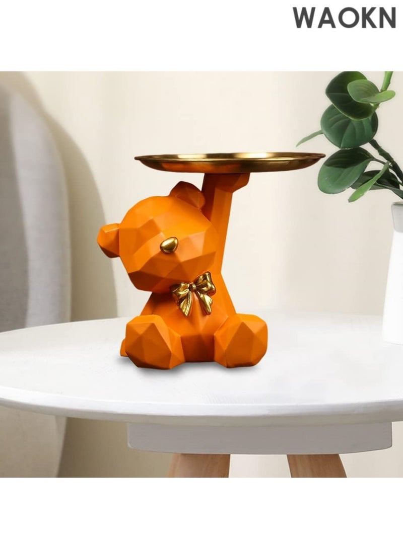 دبليو أيه أو كي أن صينية تخزين على شكل تمثال وحامل مفاتيح، صينية مجوهرات وحلوى وأقراط وأحمر شفاه، تماثيل دب لطيفة مع طبق، منحوتات دب ووعاء مفاتيح وصينية زخرفية لديكور المنزل والمكتب (برتقالي، 8.5 × 6.7 × 6.9 بوصة) - Image 1