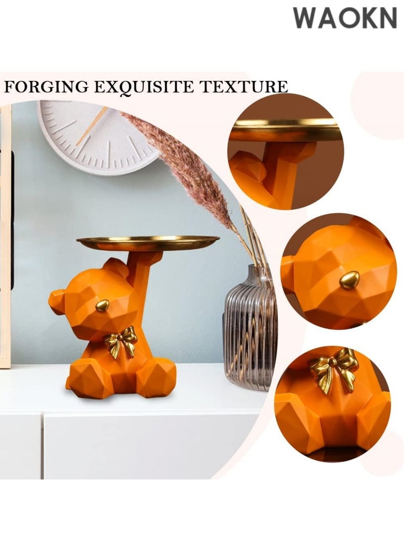 دبليو أيه أو كي أن صينية تخزين على شكل تمثال وحامل مفاتيح، صينية مجوهرات وحلوى وأقراط وأحمر شفاه، تماثيل دب لطيفة مع طبق، منحوتات دب ووعاء مفاتيح وصينية زخرفية لديكور المنزل والمكتب (برتقالي، 8.5 × 6.7 × 6.9 بوصة) - Image 4