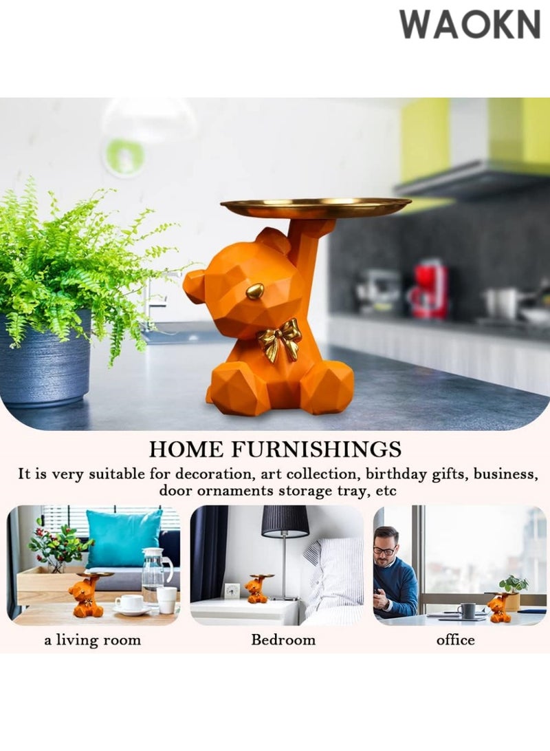 دبليو أيه أو كي أن صينية تخزين على شكل تمثال وحامل مفاتيح، صينية مجوهرات وحلوى وأقراط وأحمر شفاه، تماثيل دب لطيفة مع طبق، منحوتات دب ووعاء مفاتيح وصينية زخرفية لديكور المنزل والمكتب (برتقالي، 8.5 × 6.7 × 6.9 بوصة) - Image 3