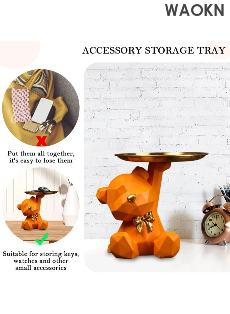 دبليو أيه أو كي أن صينية تخزين على شكل تمثال وحامل مفاتيح، صينية مجوهرات وحلوى وأقراط وأحمر شفاه، تماثيل دب لطيفة مع طبق، منحوتات دب ووعاء مفاتيح وصينية زخرفية لديكور المنزل والمكتب (برتقالي، 8.5 × 6.7 × 6.9 بوصة) - Image 5