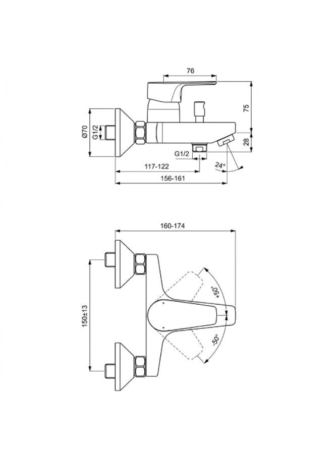 Ideal Standard Cerafine D Wall-Mounted Exposed Bath & Shower Mixer, Brass, Chrome, 207 x 110 x 169–174 mm - Image 3