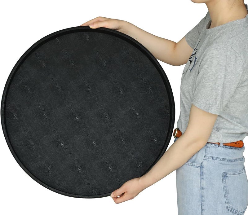 HofferRuffer Extra Large Round Serving Tray 24 Elegant Oversized Faux Leather Circle Ottoman Table Tray Serve Tea Coffee Breakfast in Bedroom Living Room Kitchen Classic Black - Image 5