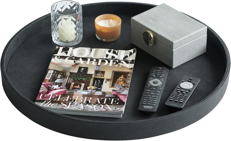 HofferRuffer Extra Large Round Serving Tray 24 Elegant Oversized Faux Leather Circle Ottoman Table Tray Serve Tea Coffee Breakfast in Bedroom Living Room Kitchen Classic Black - Image 4