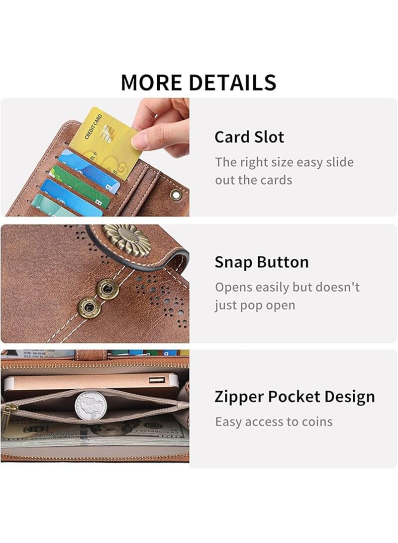 Women's RFID Blocking Leather Wallet, Large Capacity Clutch with 12 Card Slots, Brown - Image 5