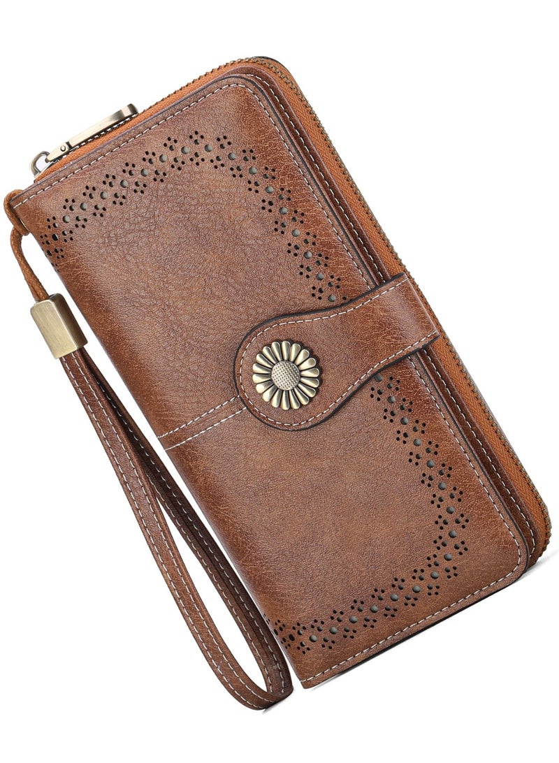Women's RFID Blocking Leather Wallet, Large Capacity Clutch with 12 Card Slots, Brown - Image 1