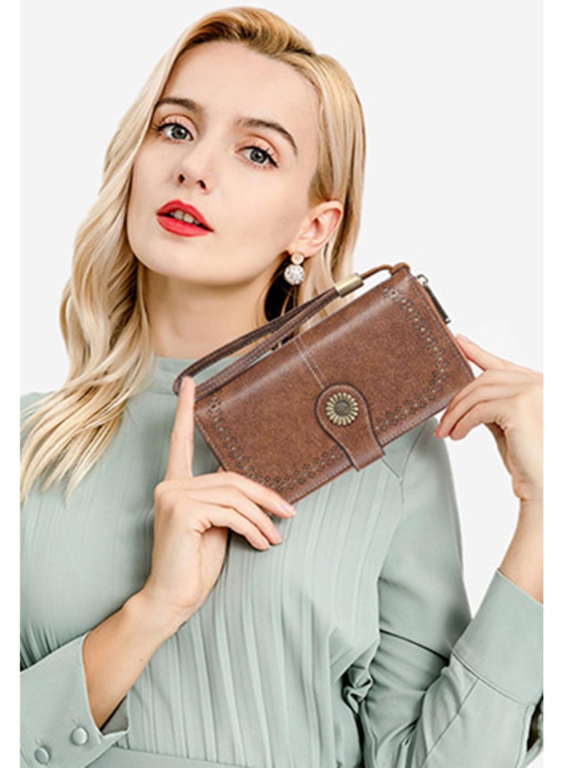 Women's RFID Blocking Leather Wallet, Large Capacity Clutch with 12 Card Slots, Brown - Image 2