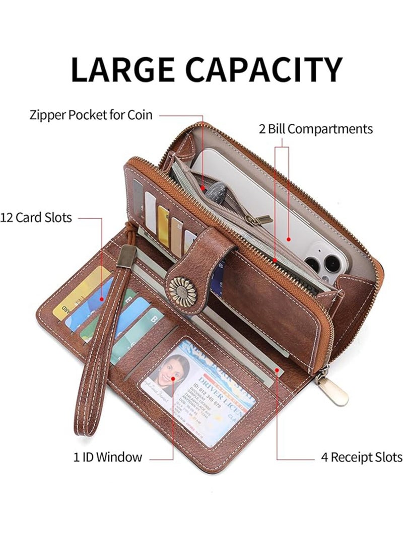 Women's RFID Blocking Leather Wallet, Large Capacity Clutch with 12 Card Slots, Brown - Image 3