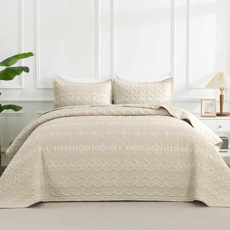 Andency Beige California King Quilt Set, 3 Pieces Boho Lightweight Soft Striped Cal King Bedspread for All Season (112"x104"), Printed Bohemian Microfiber Reversible Coverlet Comforter Sets - Image 1