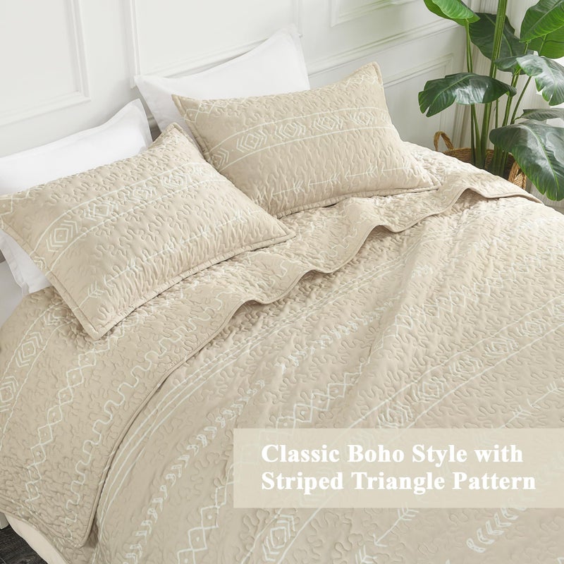 Andency Beige California King Quilt Set, 3 Pieces Boho Lightweight Soft Striped Cal King Bedspread for All Season (112"x104"), Printed Bohemian Microfiber Reversible Coverlet Comforter Sets - Image 4