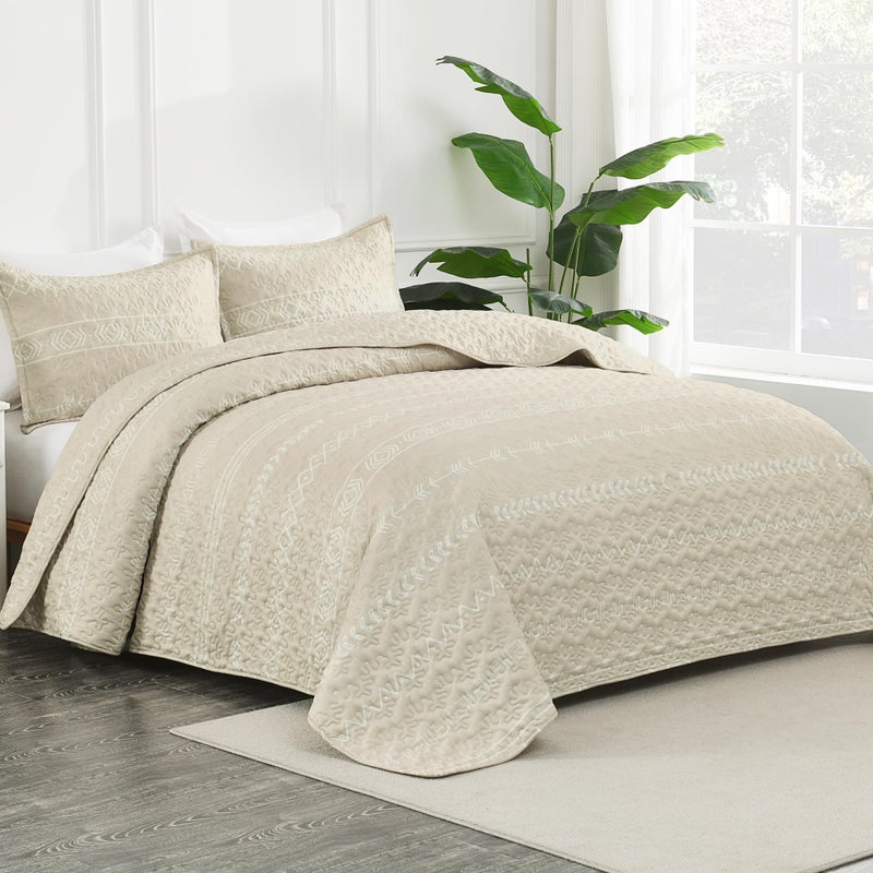Andency Beige California King Quilt Set, 3 Pieces Boho Lightweight Soft Striped Cal King Bedspread for All Season (112"x104"), Printed Bohemian Microfiber Reversible Coverlet Comforter Sets - Image 2