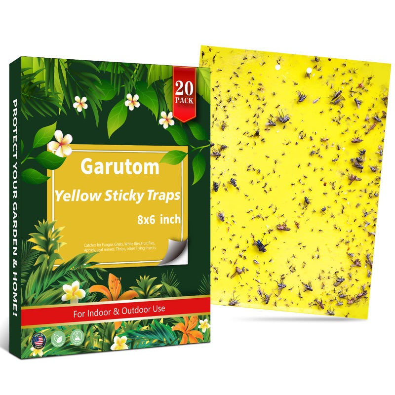 Garutom 20-Pack Dual-Sided Yellow Sticky Traps for Flying Plant Insect Such as Fungus Gnats, Whiteflies, Aphids, Leafminers, etc (6x8 Inches, Included 20pcs Twist Ties) - Image 1