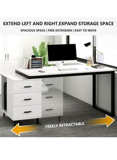 fashionhome Modern Length Retractable Design Home Office Desk Multifunction Table Built in CPU Storage Rack Computer Desk Workstation with 3 Drawers 120x60x75 cm  - Image 3