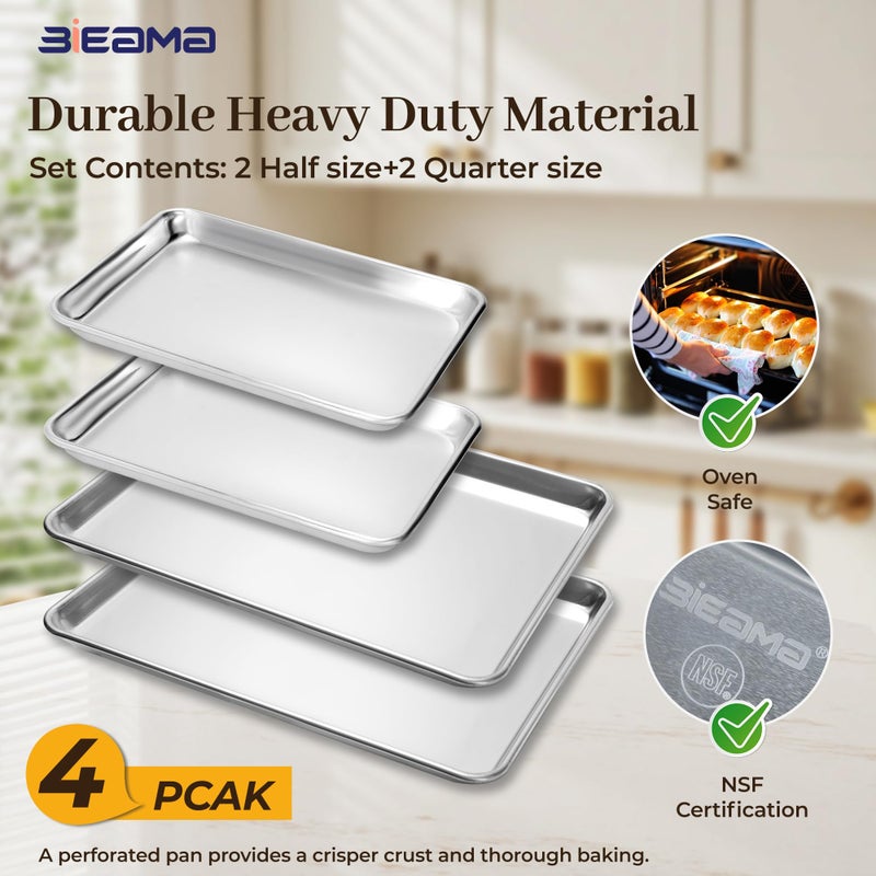 BIEAMA Aluminum Baking Sheet Set of 4, 2 Half Sheet Pans & 2 Quarter Size, Commercial Heavy Duty Cookie Sheets for Oven - Image 4