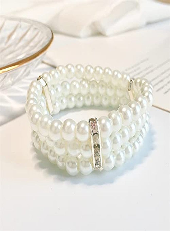 Asphire Vintage Pearl Bracelet 2pcs 3-Row Pearl Stretch Bracelet Multi-Layered Elastic Bangle Bridal Wedding Jewelry 1920s Flapper Costume Accessories for Women - Image 3