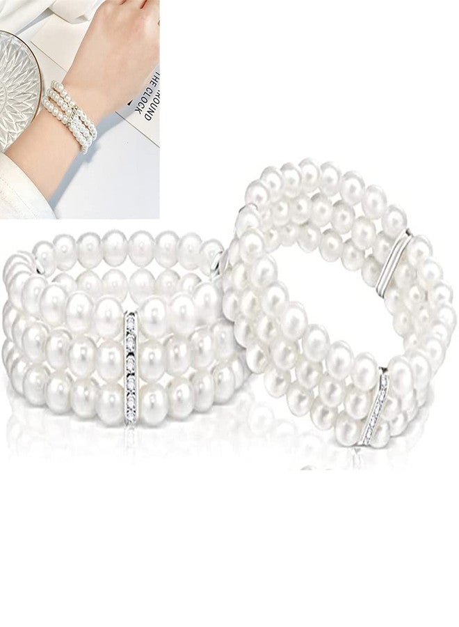 Asphire Vintage Pearl Bracelet 2pcs 3-Row Pearl Stretch Bracelet Multi-Layered Elastic Bangle Bridal Wedding Jewelry 1920s Flapper Costume Accessories for Women - Image 1