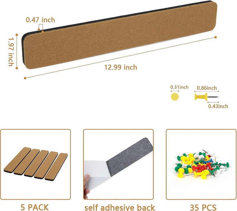 RANUR Self Adhesive Felt Bulletin Bar Strip, Reminder Board with 35pcs Drawing Pins, Lightweight to Do List Board for Wall Soft Board for Study Room, Photos, Schedules, Size 33 X 5 X 1.3 cms (Brown) - Image 2