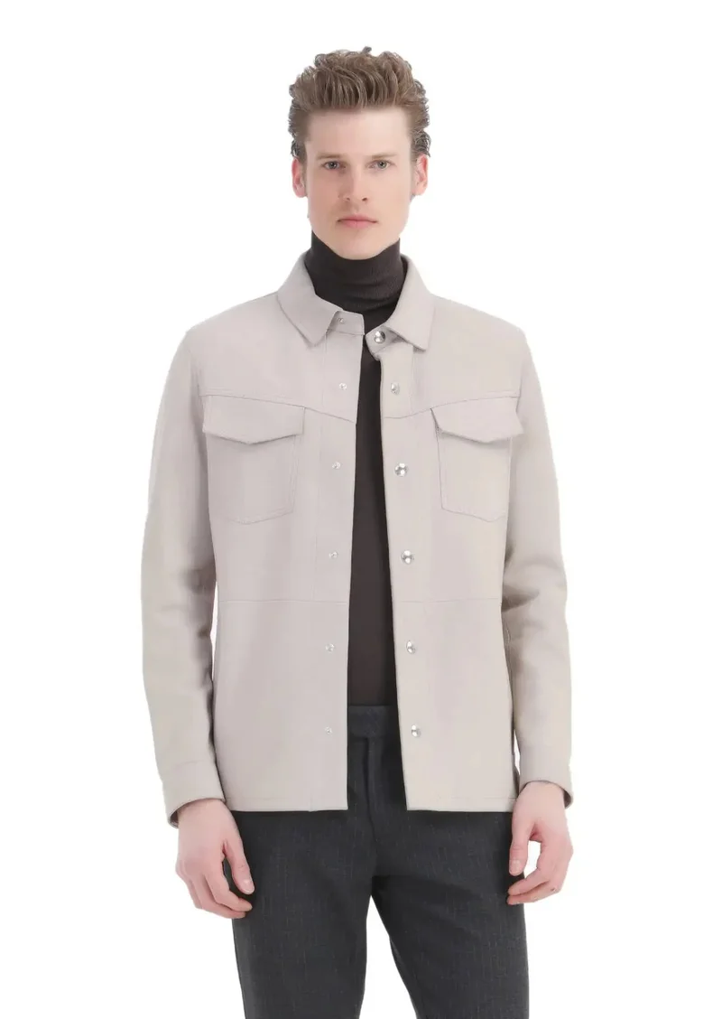 RAMSEY Beige Regular Fit Shirt Collar Casual Suede Leather Coat