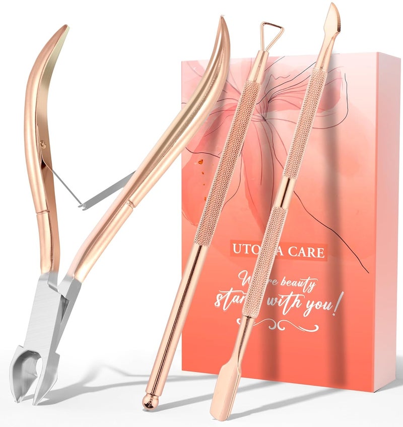 Utopia Care أداة تقليم الجلد الميت مع دافعة، مجموعة تقليم الأظافر، مجموعة مهنية للعناية باليدين والقدمين، مجموعة أدوات إزالة الجلد الميت، ذهب وردي - Image 1