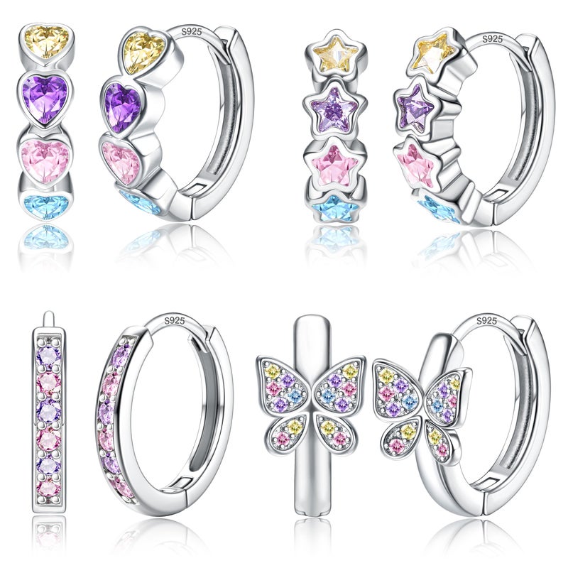 Yadoca 925 Sterling Silver Post Small Hoop Earrings For Girls - Hypoallergenic Huggie Earrings for Women Cute Heart Flowers Butterfly Star Cubic Zirconia Cartilage Earrings For Sensitive Ears Colorful 4Pairs - Image 1
