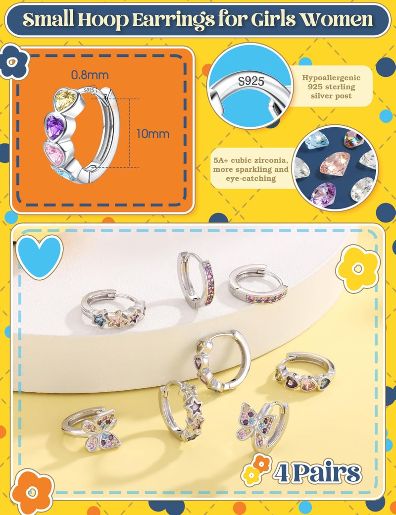 Yadoca 925 Sterling Silver Post Small Hoop Earrings For Girls - Hypoallergenic Huggie Earrings for Women Cute Heart Flowers Butterfly Star Cubic Zirconia Cartilage Earrings For Sensitive Ears Colorful 4Pairs - Image 5