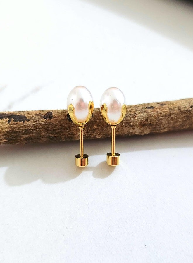 El Regalo Stainless Steel Pearl Earrings- Minimalist & Elegant Pearl Decor Stud Earring for Kids/Girls/Teens/Women - Image 5