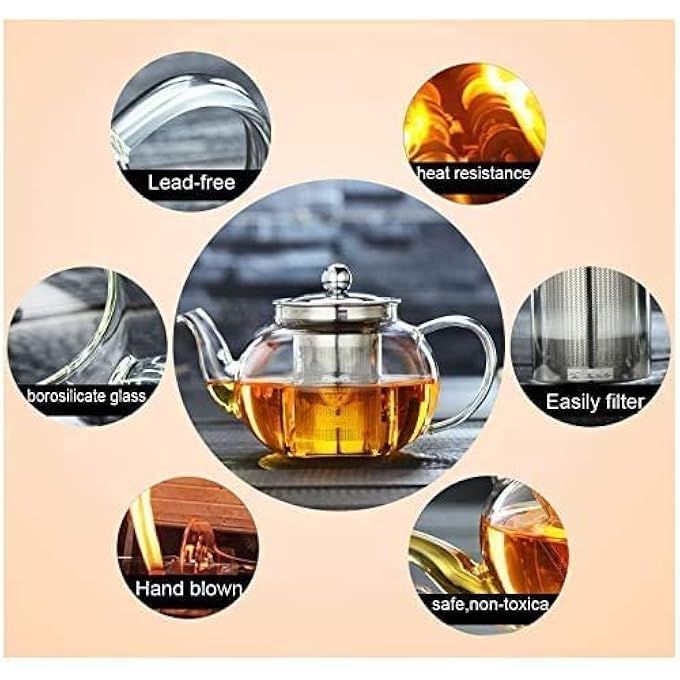 لاش إبريق شاي زجاجي متوافق مع الموقد مع مصفاة من الفولاذ المقاوم للصدأ قابلة للإزالة، إبريق شاي آمن على الموقد مع مصفاة سعة 1000 مل - Image 2