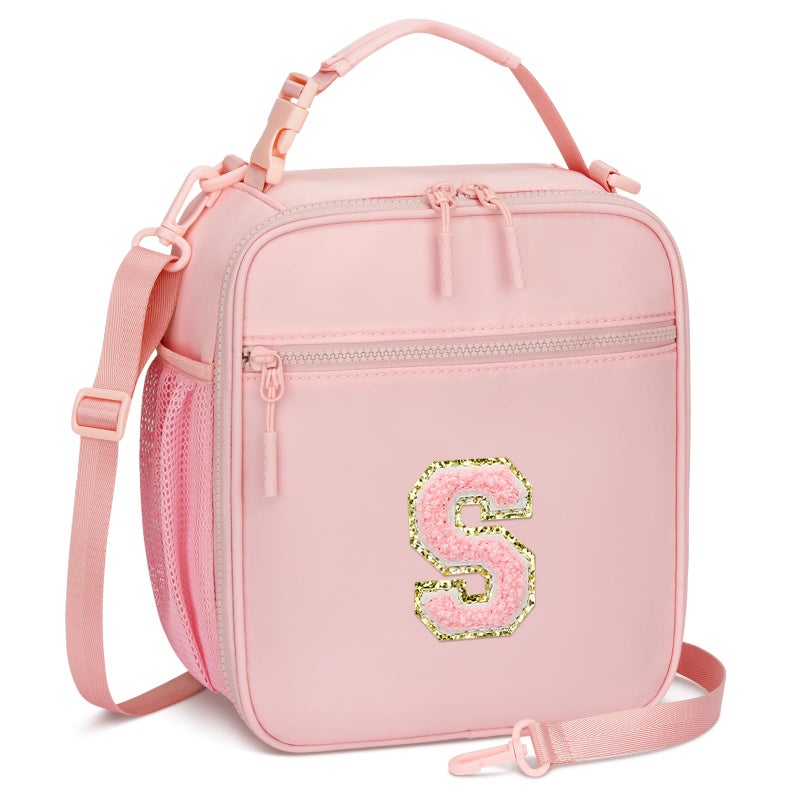 CLOUDWINGS Initial Insulated Lunch Bag for Girls Kids Back to School Gift Reusable Leakproof Lunch Box with Adjustable Strap for School Daycare Travel Picnic PinkS