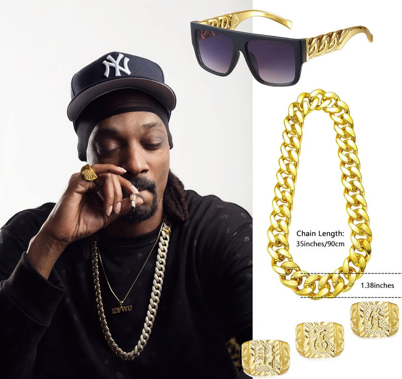 EIELO 80s 90s Accessories Outfit for Men Hip Hop Costume Kit Old School Rapper Sunglasses Faux Gold Rope Chain Bracelet Dollar Sign Chain Ring Kanji Ring Halloween Party Decorations - Image 5