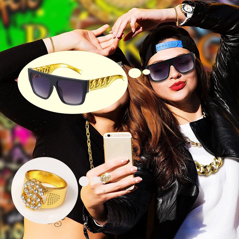 EIELO 80s 90s Accessories Outfit for Men Hip Hop Costume Kit Old School Rapper Sunglasses Faux Gold Rope Chain Bracelet Dollar Sign Chain Ring Kanji Ring Halloween Party Decorations - Image 4