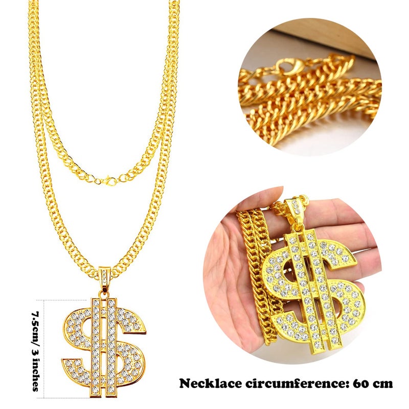 EIELO 80s 90s Accessories Outfit for Men Hip Hop Costume Kit Old School Rapper Sunglasses Faux Gold Rope Chain Bracelet Dollar Sign Chain Ring Kanji Ring Halloween Party Decorations - Image 3