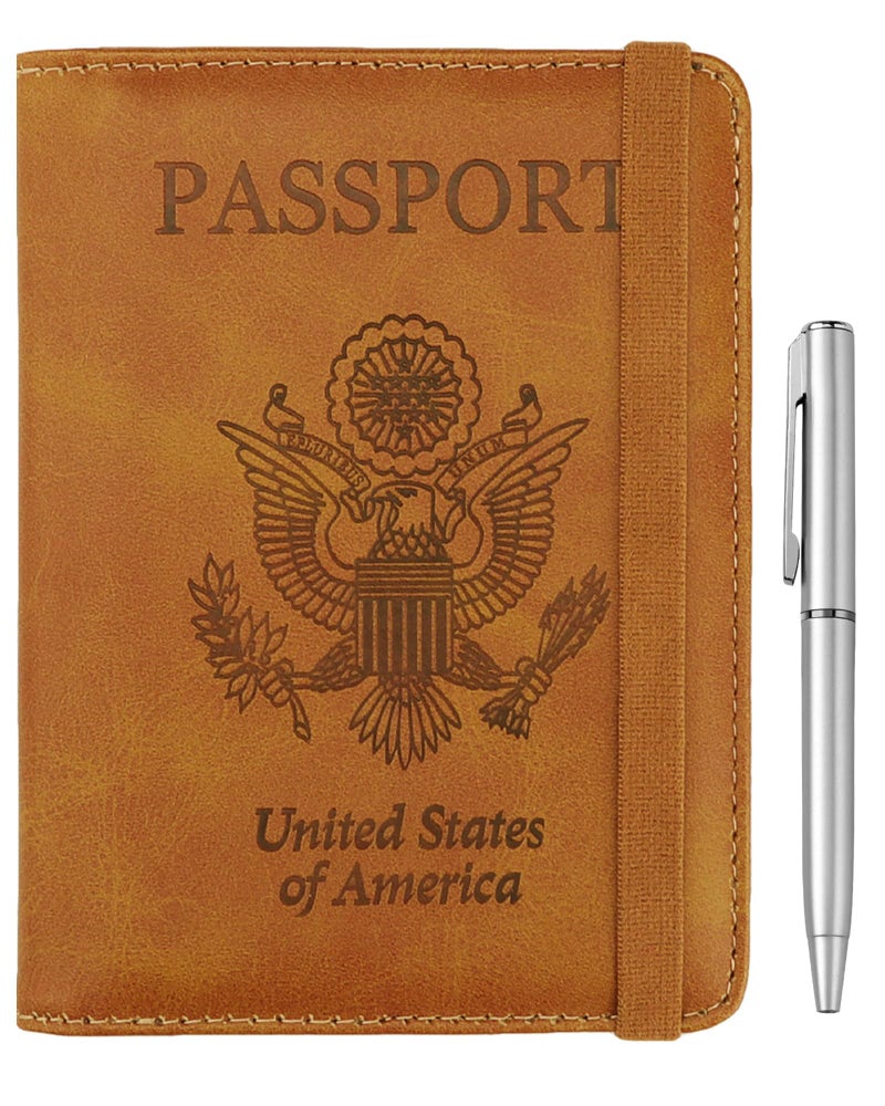 WALNEW WALNEW Passport Holder for Travel, RFID Passport Cover Wallet for Women Men, PU Leather Passport Book Card Holder Case with Pen, Travelling Essentials for Flying  - Image 1