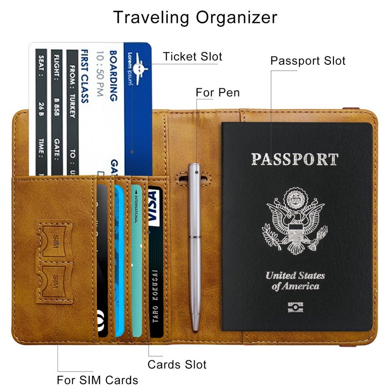 WALNEW WALNEW Passport Holder for Travel, RFID Passport Cover Wallet for Women Men, PU Leather Passport Book Card Holder Case with Pen, Travelling Essentials for Flying  - Image 2
