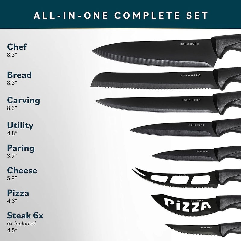هوم هيرو Home Hero Kitchen Knife Set - Wooden Knife Block Organizer - High Carbon Stainless Steel Blades - Ergonomic Handles with Built-In Sharpener u0026 Kitchen Scissors - 16 Pcs, Acrylic Black - Image 2