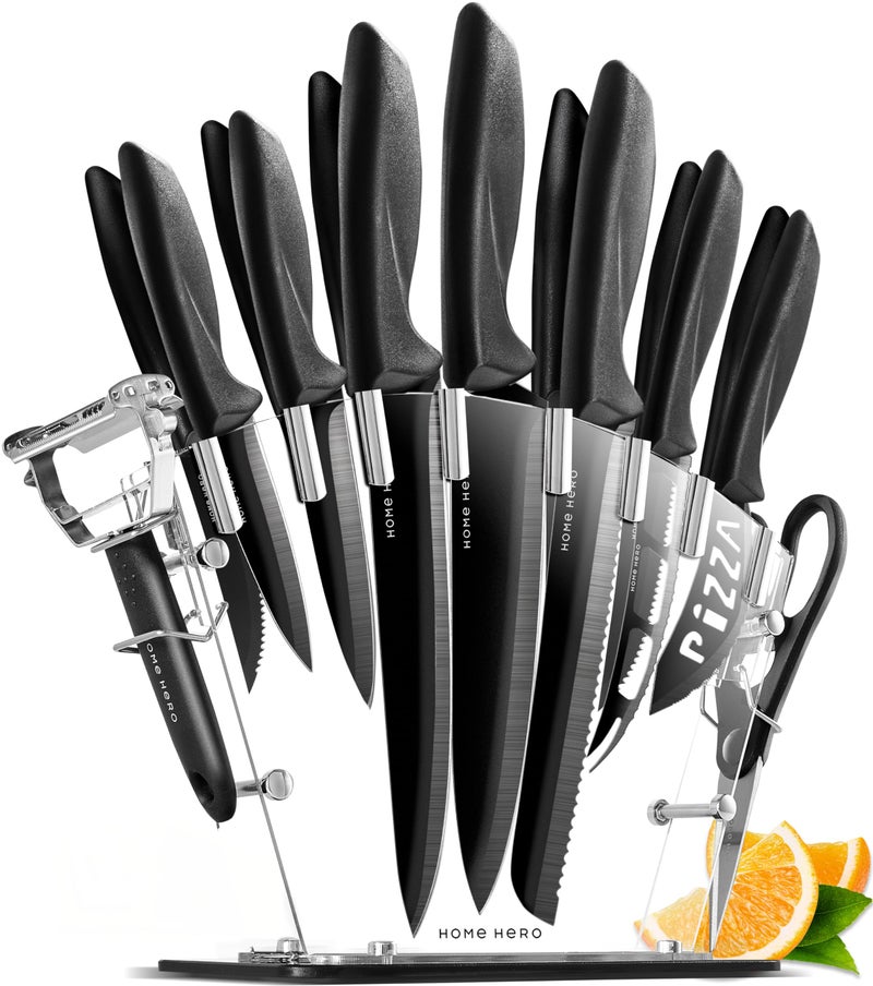 هوم هيرو Home Hero Kitchen Knife Set - Wooden Knife Block Organizer - High Carbon Stainless Steel Blades - Ergonomic Handles with Built-In Sharpener u0026 Kitchen Scissors - 16 Pcs, Acrylic Black - Image 1