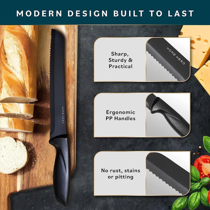 هوم هيرو Home Hero Kitchen Knife Set - Wooden Knife Block Organizer - High Carbon Stainless Steel Blades - Ergonomic Handles with Built-In Sharpener u0026 Kitchen Scissors - 16 Pcs, Acrylic Black - Image 5