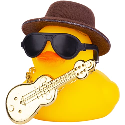 MuMyer Car Rubber Duck Ornaments Yellow Duck Car Dashboard Decorations with Mini Top Hat Guitar Sunglasses Necklace(G1) - Image 1