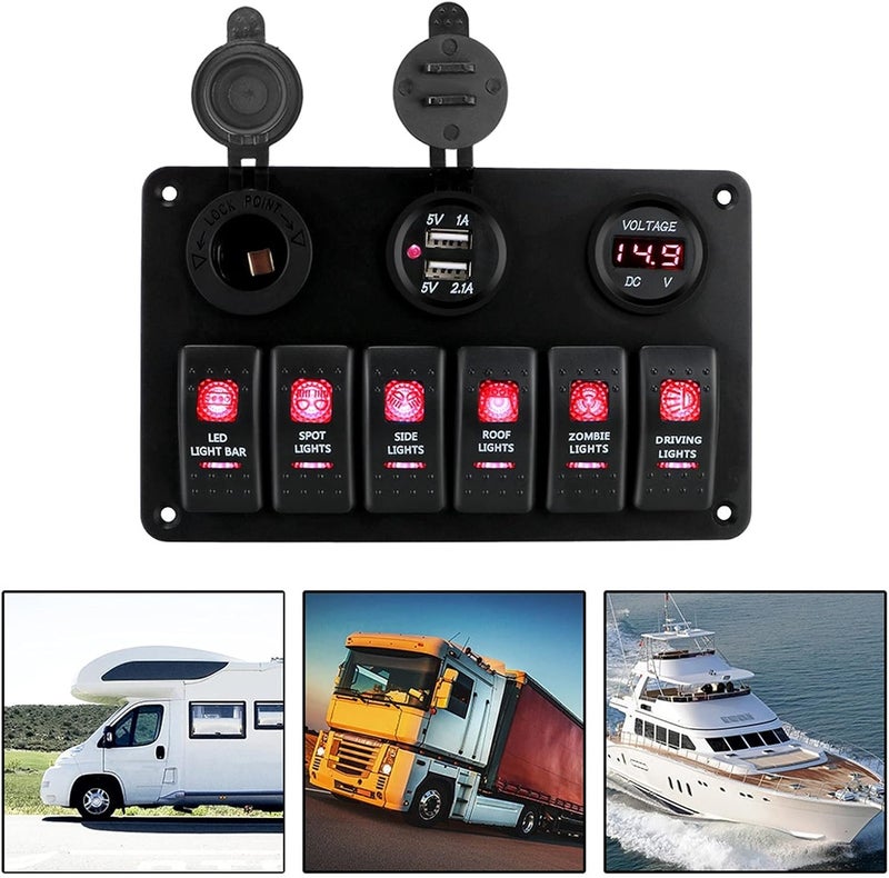 DEMULAX 6 Gang Rocker Switch Panel with Dual USB Ports - Image 5