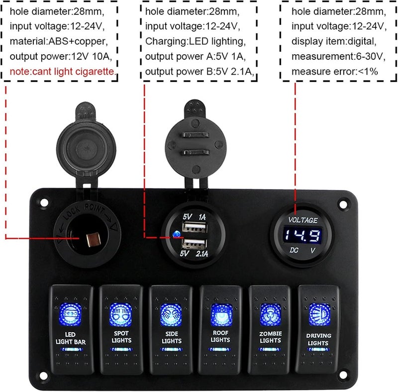 DEMULAX 6 Gang Rocker Switch Panel with Dual USB Ports - Image 4